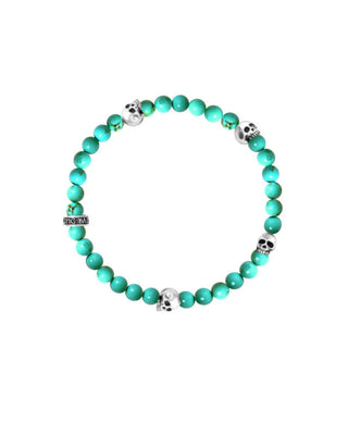 6mm Turquoise Bead Bracelet W/ 4 Skulls